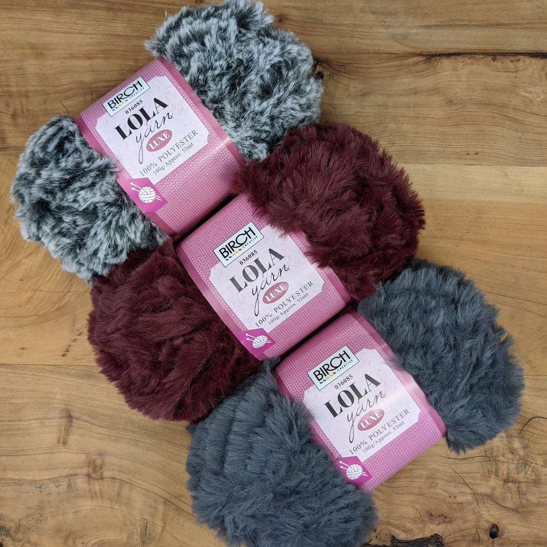 3 balls of Lola 100g Polyester yarn, Claret, Silver Fox and Koala