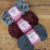 3 balls of Lola 100g Polyester yarn, Claret, Silver Fox and Koala